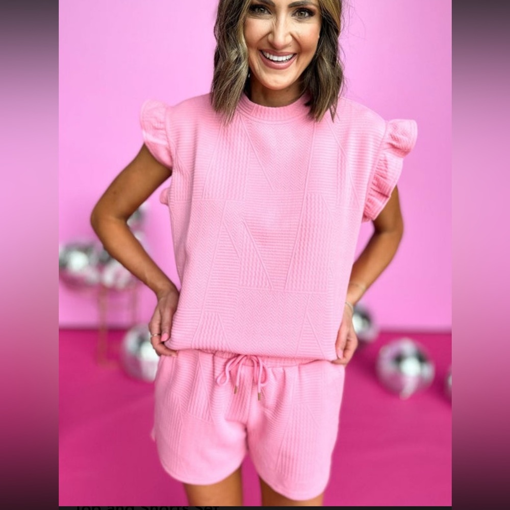 SSYS Pink Quilted Sleeveless Ruffle Shoulder Top and Shorts Set.